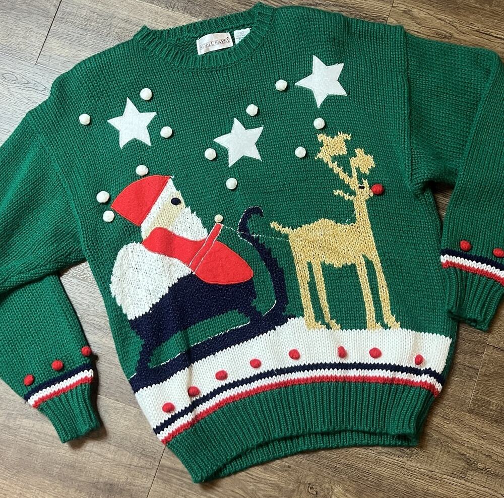 Vtg Green Ugly Christmas Sweater Large Santa Sleigh Rudolph 1980s Prep Pop Art